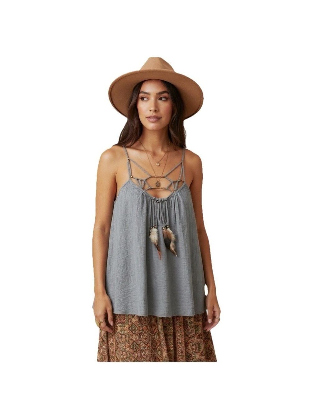Rebecca Taylor Dusty Blue Strappy Feather Tassel Camisole Tank Top Size 0